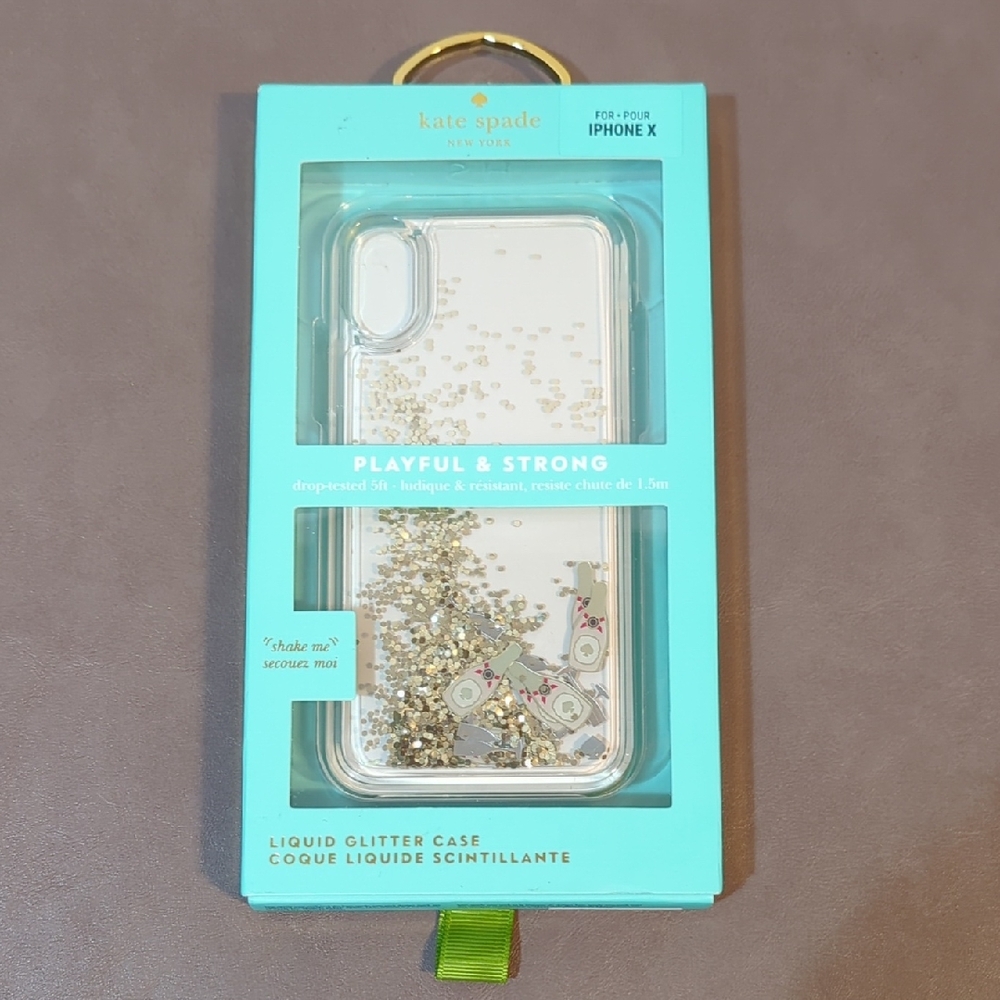 Kate Spade IPhone X Case Liquid Glitter Champagne Bottles and Glasses NWT